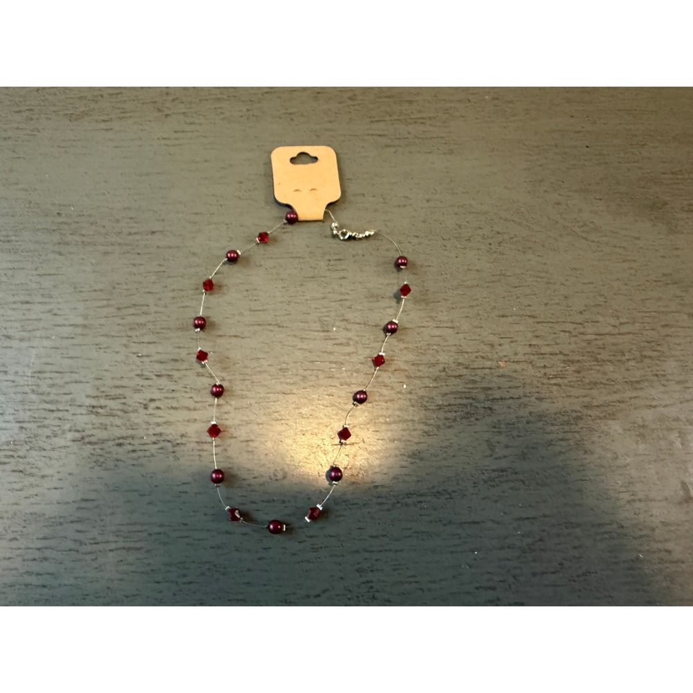 Handmade Burgundy Faux Pearl and Red Crystal Illusion Floating Necklace Silver